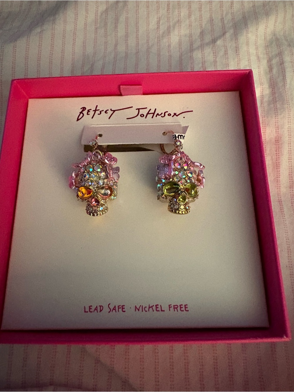 Betsey Johnson Pink Multicolor Crystal Skull Drop Earrings